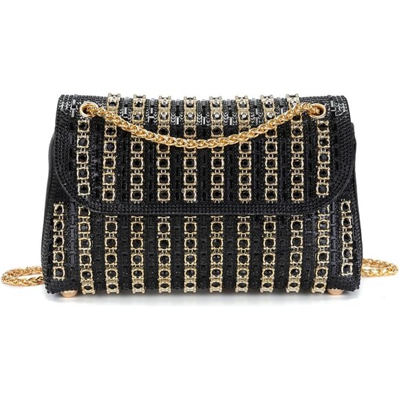 Women's Black Rhinestones Chain Shoulder Sparkly Cocktail Prom Party Clutch Bag